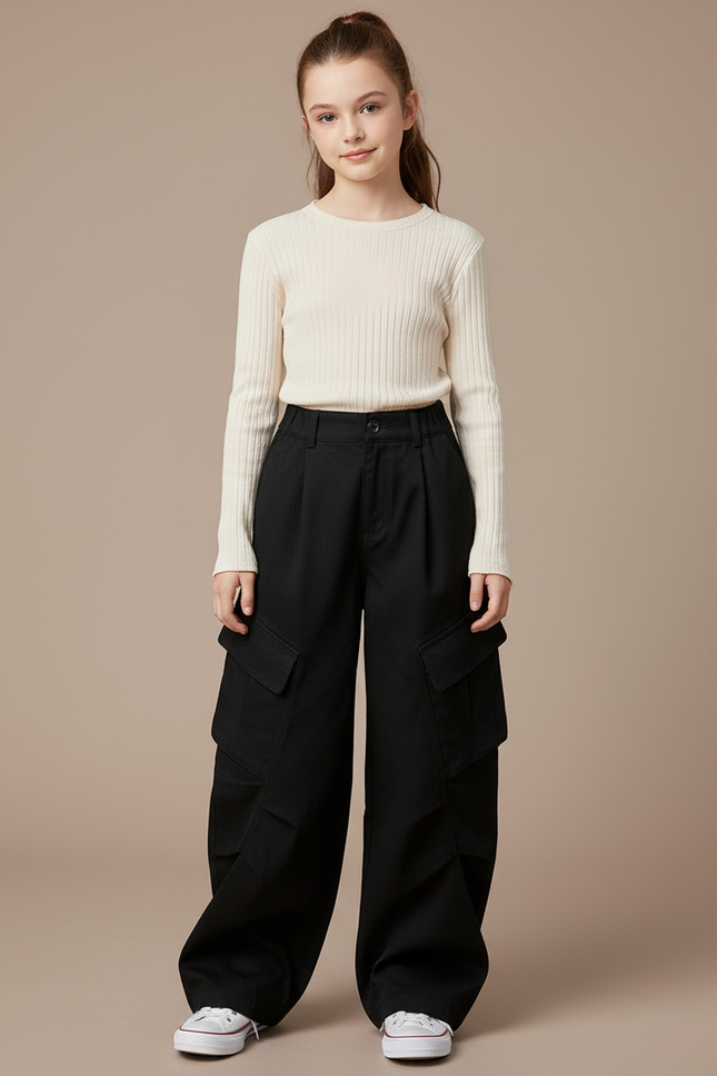 Pantalon Cargo Noir Ample Multipoches Fille Coton