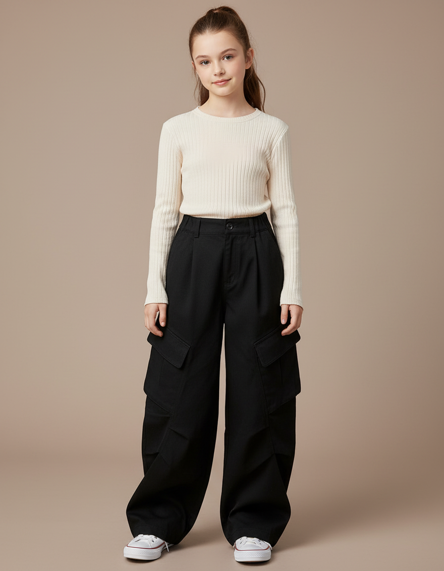 Pantalon Cargo Noir Ample Multipoches Fille Coton