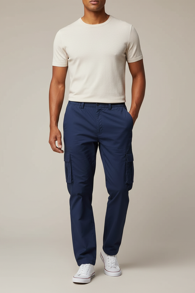 Pantalon Cargo Bleu Marine Droit Décontracté Multipoches Coton