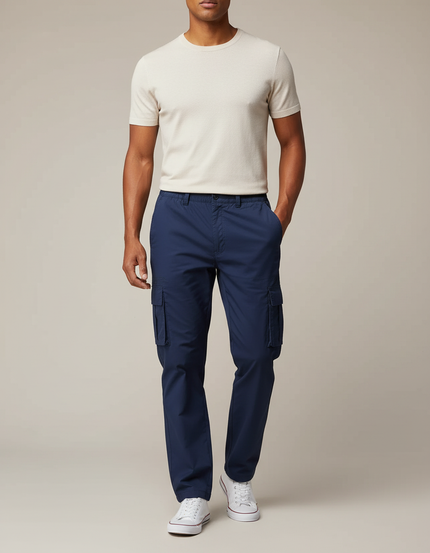 Pantalon Cargo Bleu Marine Droit Décontracté Multipoches Coton