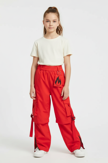 Pantalon Cargo Rouge Ample Fille Poches Sangles - Polyester
