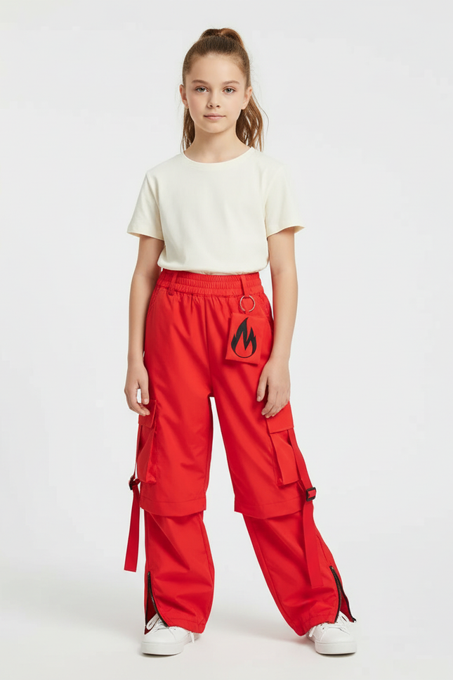 Pantalon Cargo Rouge Ample Fille Poches Sangles - Polyester
