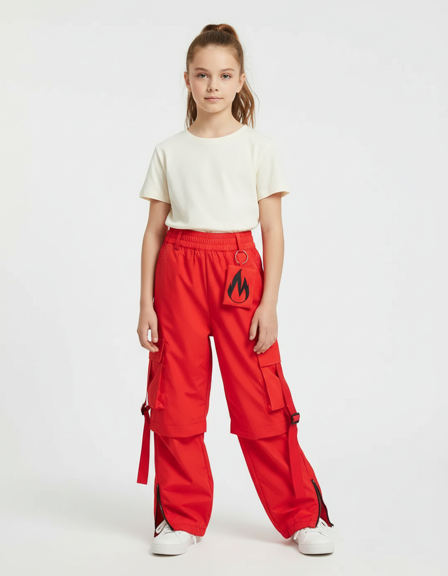 Pantalon Cargo Rouge Ample Fille Poches Sangles - Polyester