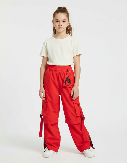 Pantalon Cargo Rouge Ample Fille Poches Sangles - Polyester