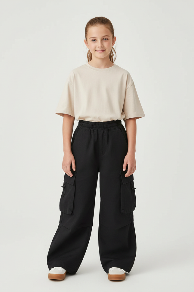 Pantalon Cargo Noir Ample Multipoches Décontracté Enfant - Gabardine