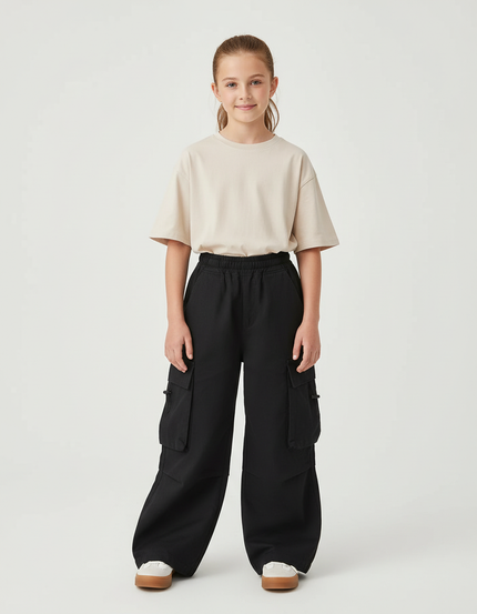 Pantalon Cargo Noir Ample Multipoches Décontracté Enfant - Gabardine