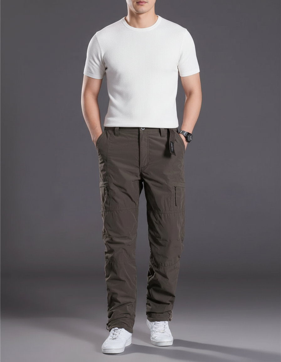 Pantalon Cargo Homme Marron Ample Multipoches Décontracté - Kaki Polyester