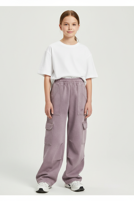 Pantalon Cargo Mauve Ample Décontracté Multipoches Fille - Violet Molleton