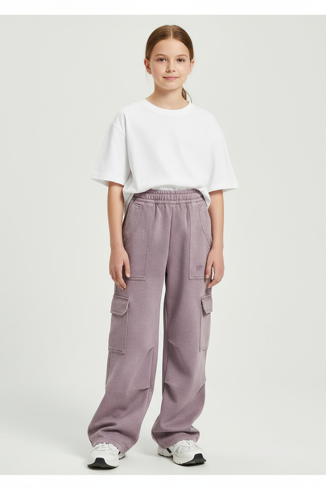 Pantalon Cargo Mauve Ample Décontracté Multipoches Fille - Violet Molleton