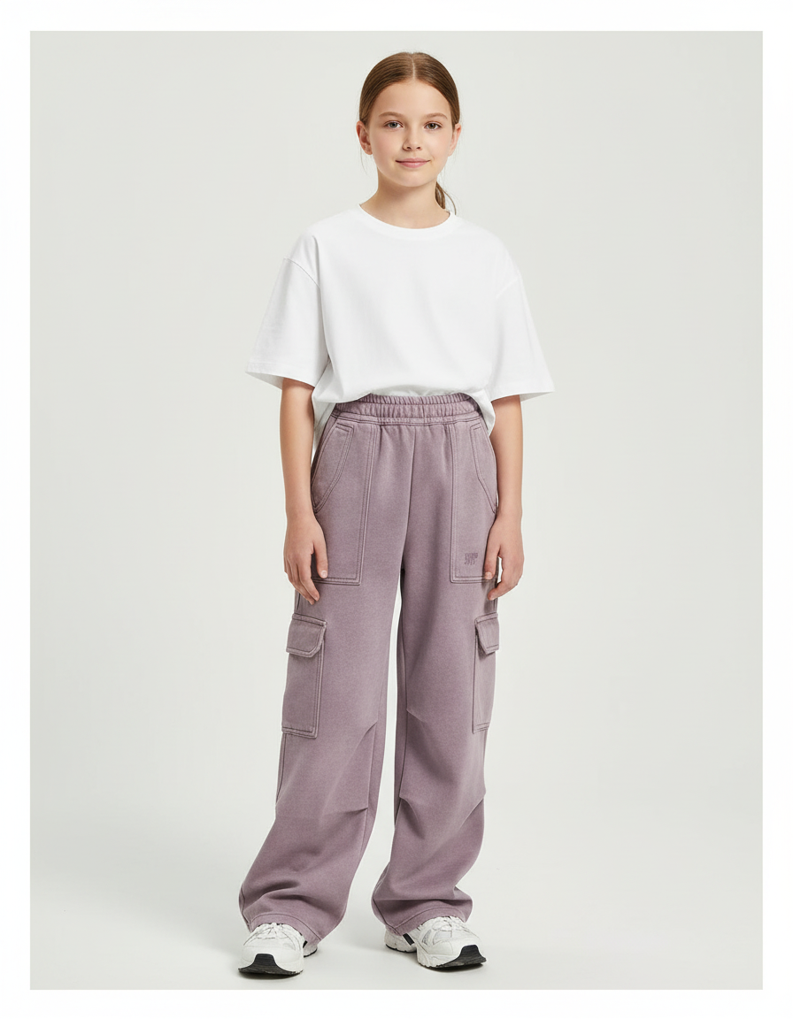 Pantalon Cargo Mauve Ample Décontracté Multipoches Fille - Violet Molleton