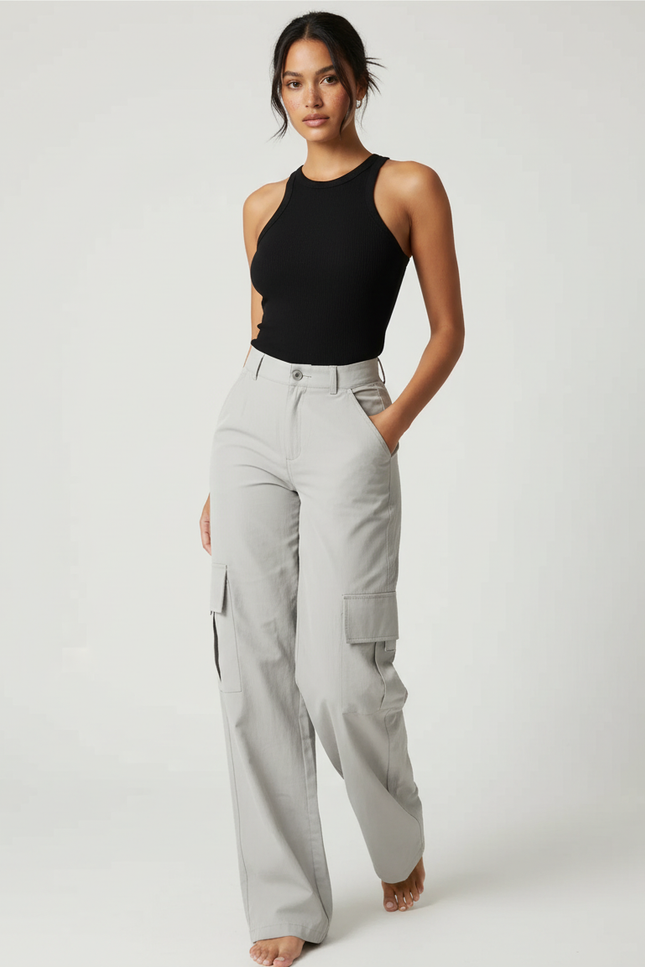 Pantalon Cargo Gris Ample Taille Haute Femme - Toile