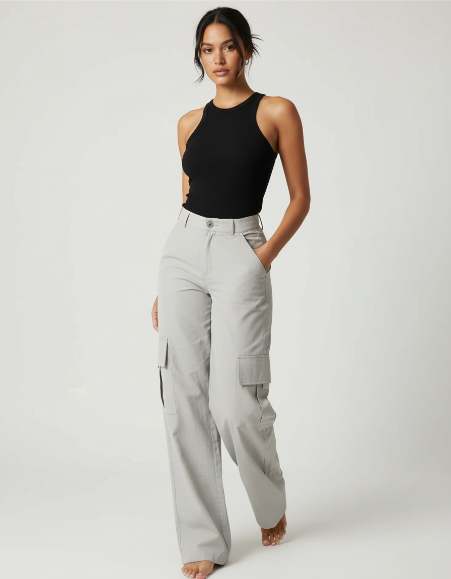 Pantalon Cargo Gris Ample Taille Haute Femme - Toile