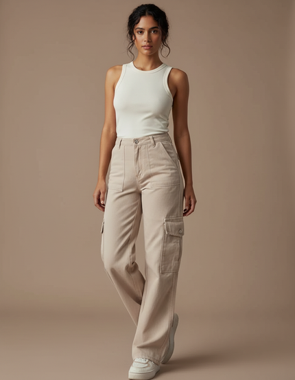 Pantalon Cargo Beige Ample Multipoches Style Urbain - Toile