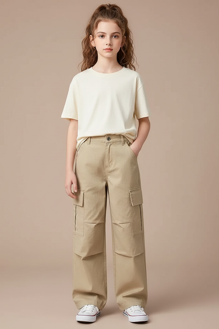 Pantalon Cargo Beige Ample Multipoches Enfant Fille - Toile