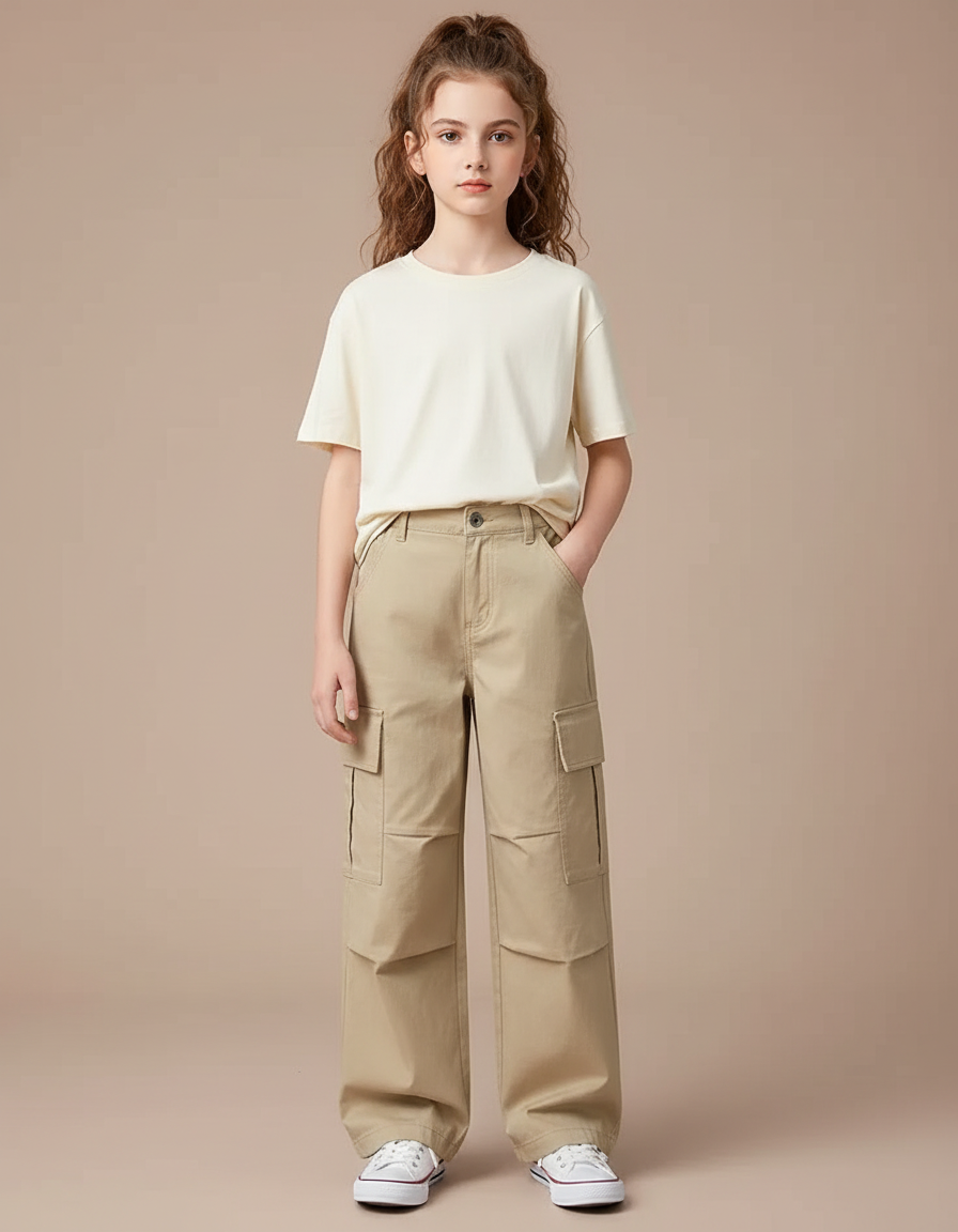 Pantalon Cargo Beige Ample Multipoches Enfant Fille - Toile