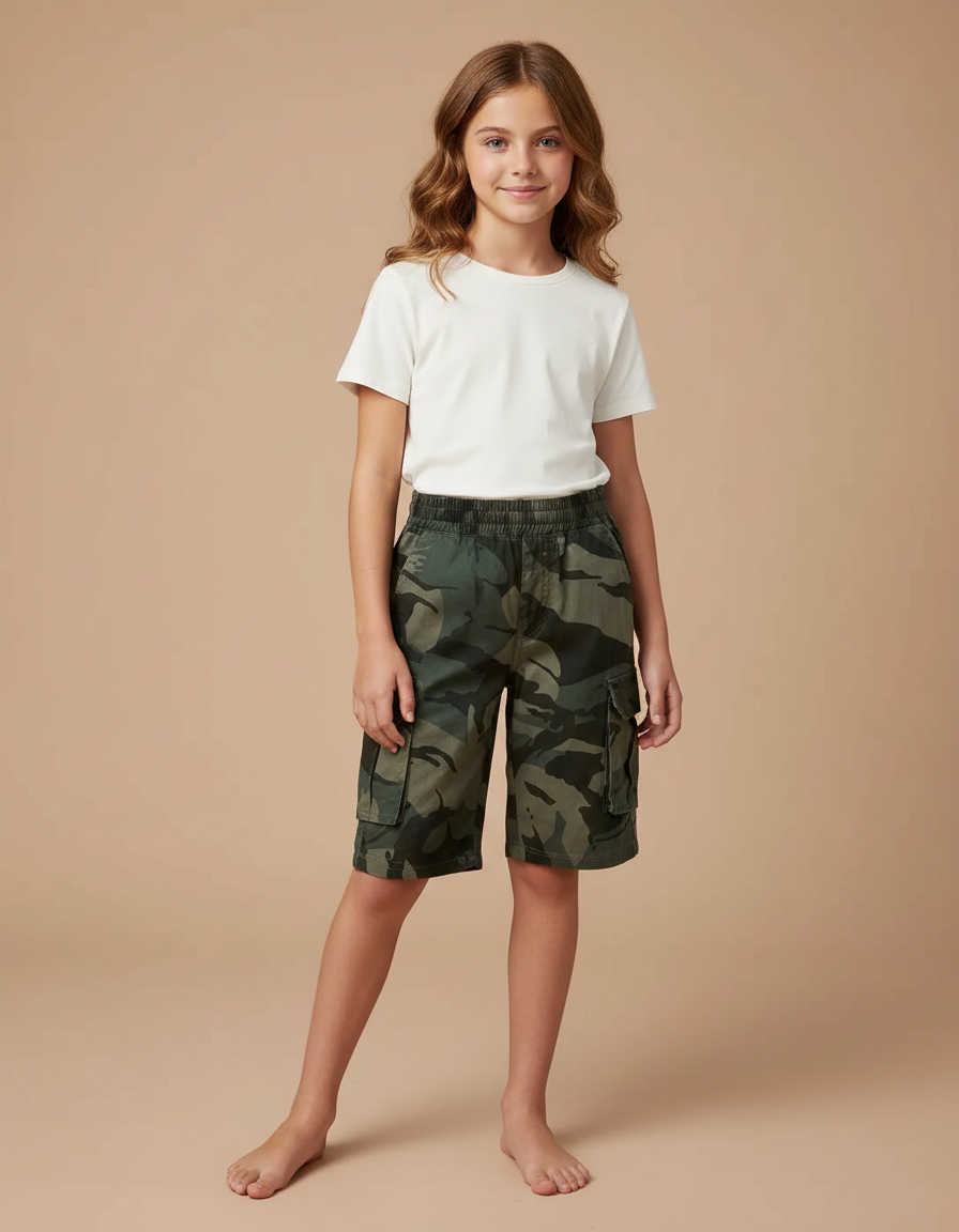 Pantalon Cargo Camouflage Vert Coton Décontracté Enfant