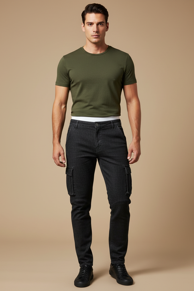 Pantalon Cargo Noir Slim Denim Multipoches Homme - Jean