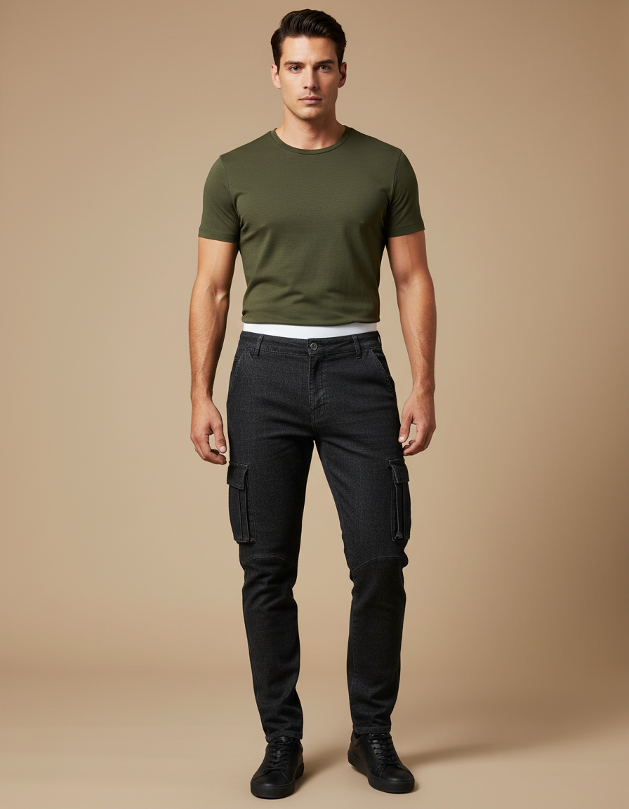 Pantalon Cargo Noir Slim Denim Multipoches Homme - Jean