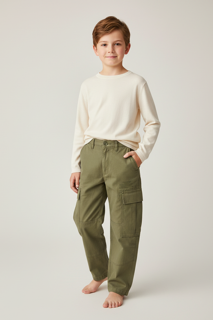 Pantalon Cargo Vert Kaki Coton Ample Garçon