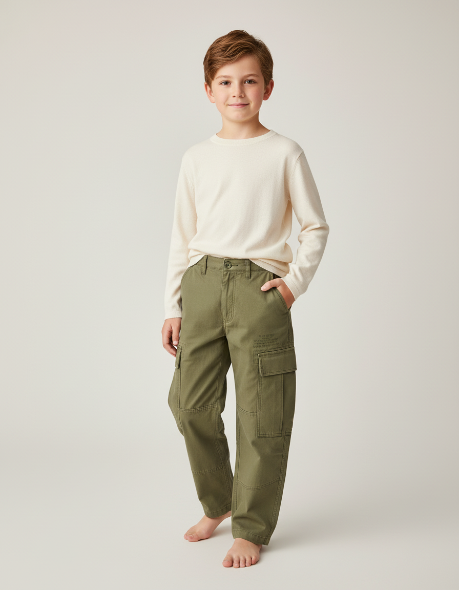 Pantalon Cargo Vert Kaki Coton Ample Garçon