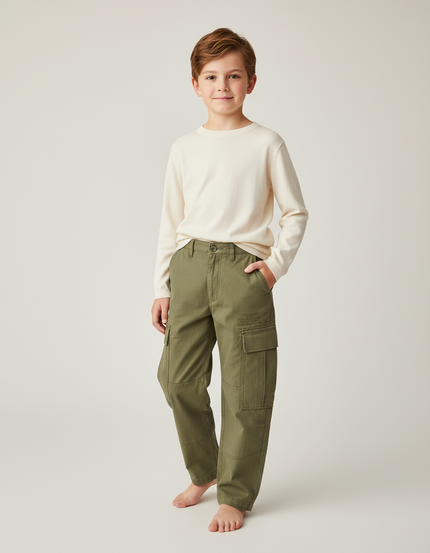 Pantalon Cargo Vert Kaki Coton Ample Garçon
