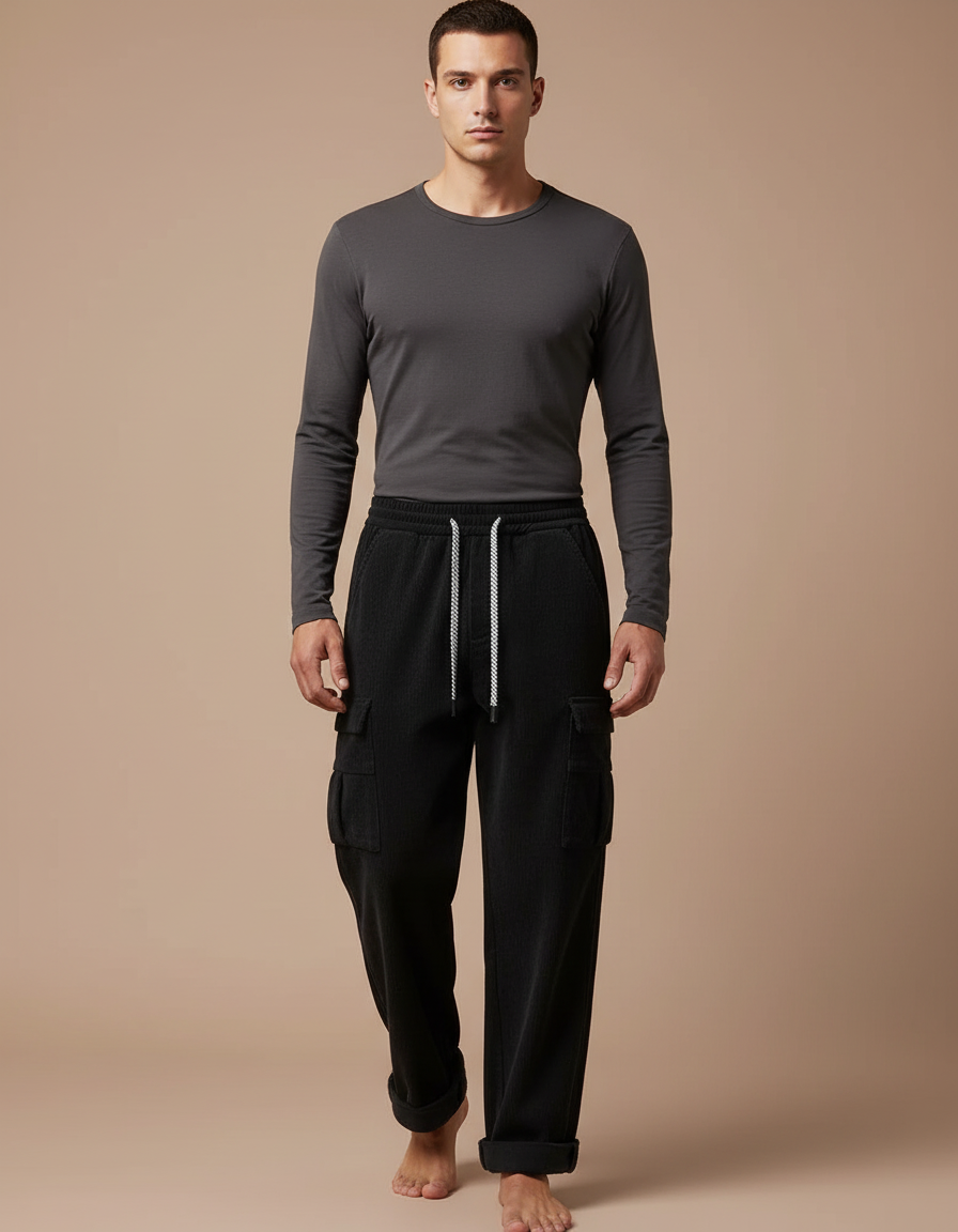 Pantalon Velour Cargo Homme - Noir Cordé