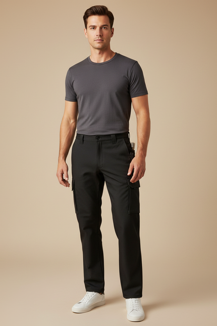 Pantalon Cargo Homme Noir Coupe Droite Décontracté Multipoches - Polyester