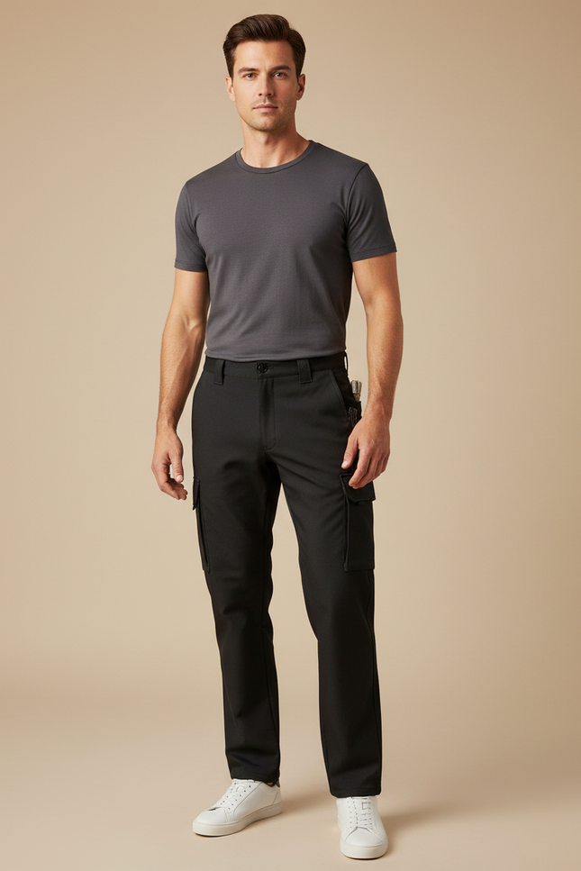 Pantalon Cargo Homme Noir Coupe Droite Décontracté Multipoches - Polyester