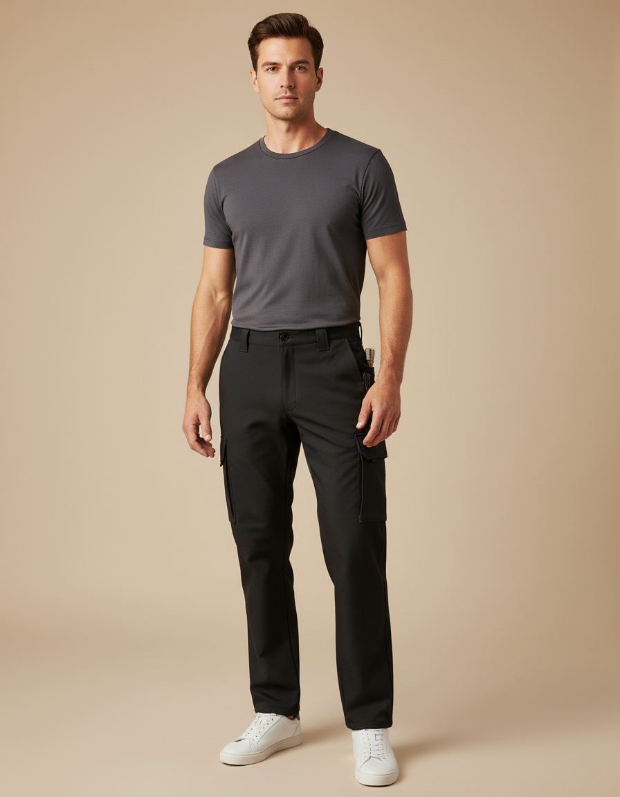 Pantalon Cargo Homme Noir Coupe Droite Décontracté Multipoches - Polyester