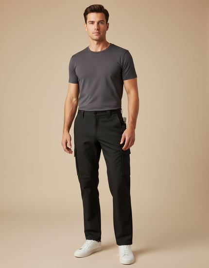 Pantalon Cargo Homme Noir Coupe Droite Décontracté Multipoches - Polyester