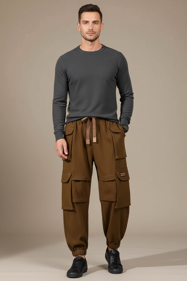 Pantalon Cargo Marron Ample Coton Multipoches Homme - Laine