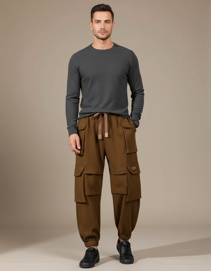 Pantalon Cargo Marron Ample Coton Multipoches Homme - Laine