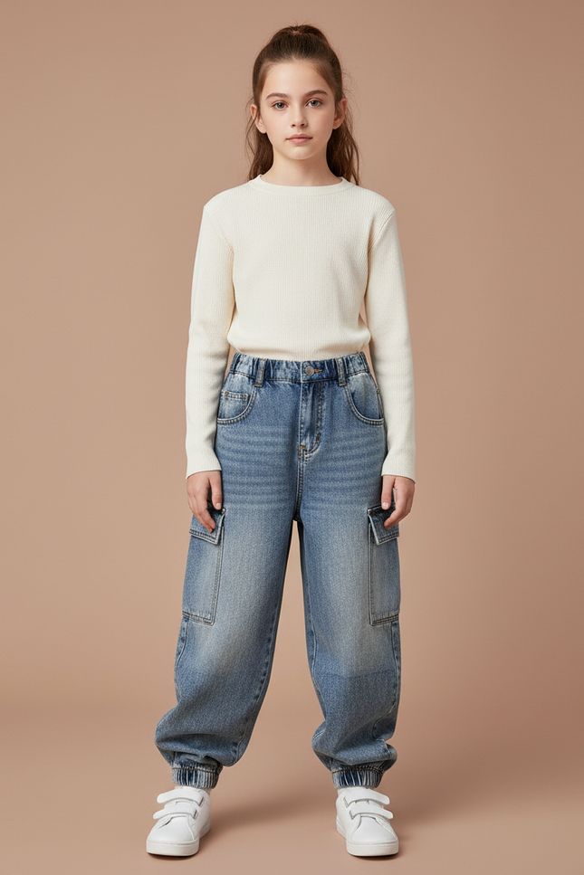 Pantalon Cargo Jean Ample Multipoches Enfant Décontracté - Bleu