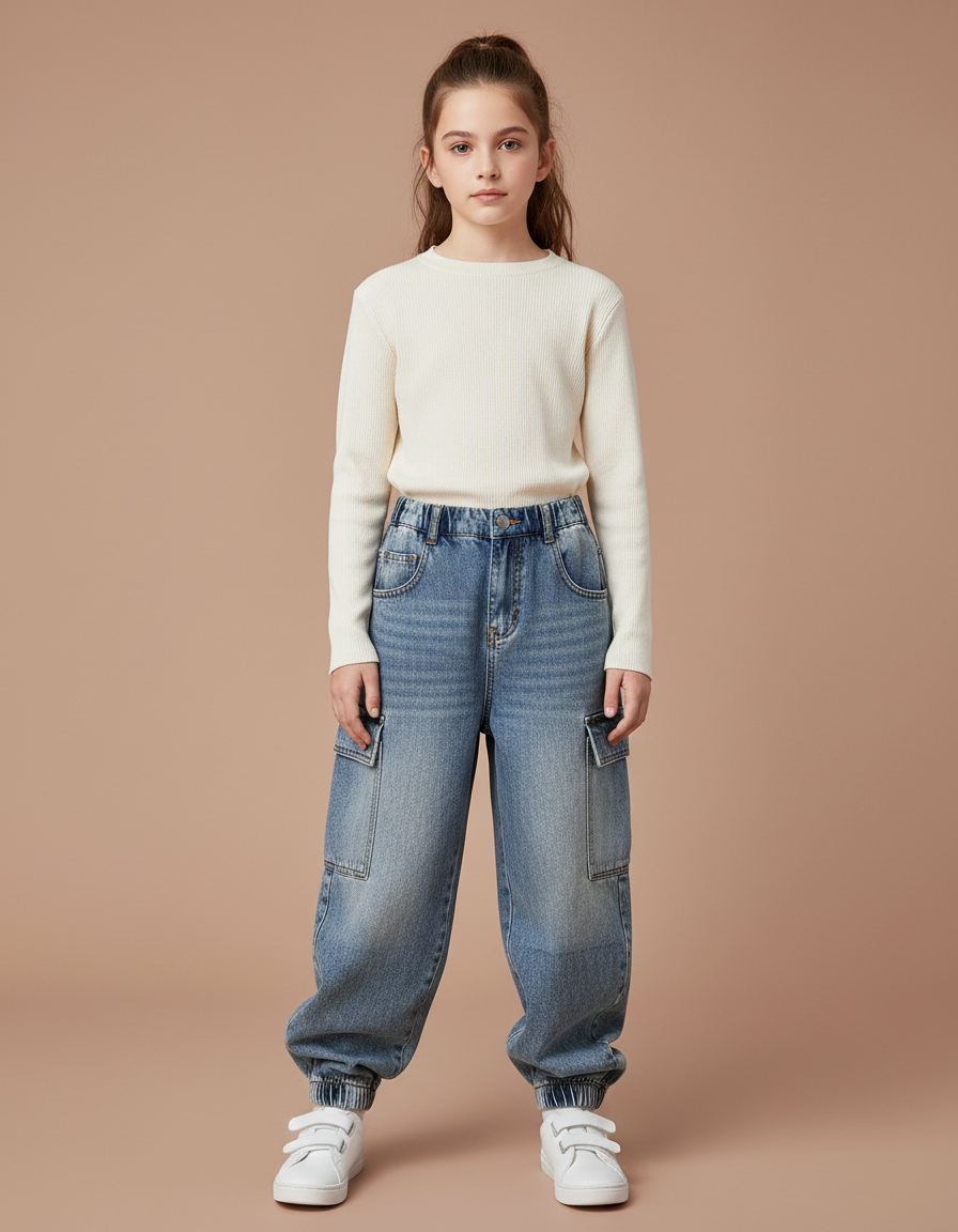 Pantalon Cargo Jean Ample Multipoches Enfant Décontracté - Bleu