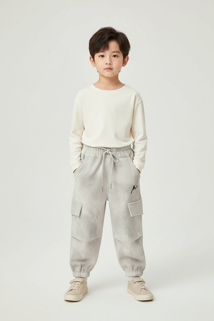 Pantalon Cargo Gris Ample Multipoches Décontracté Enfant - Molleton