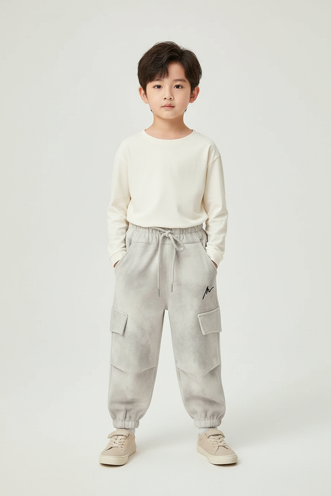 Pantalon Cargo Gris Ample Multipoches Décontracté Enfant - Molleton