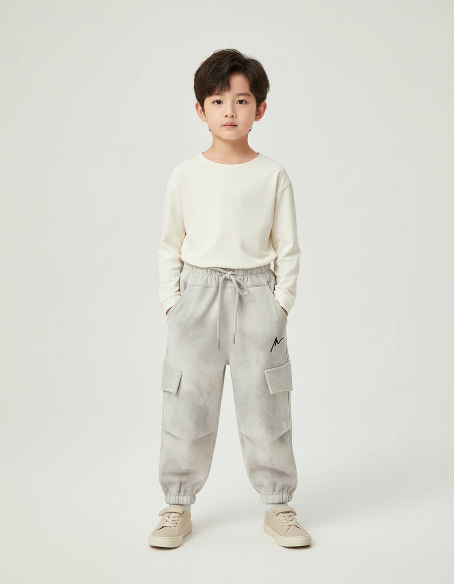 Pantalon Cargo Gris Ample Multipoches Décontracté Enfant - Molleton