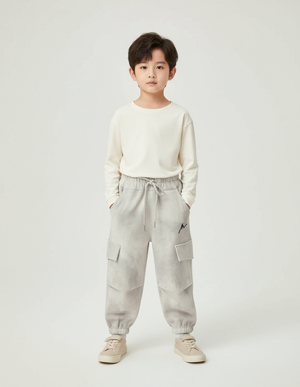 Pantalon Cargo Gris Ample Multipoches Décontracté Enfant - Molleton