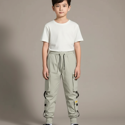 Pantalon Cargo Gris-vert Ample Multipoches Enfant - Kaki Polyester