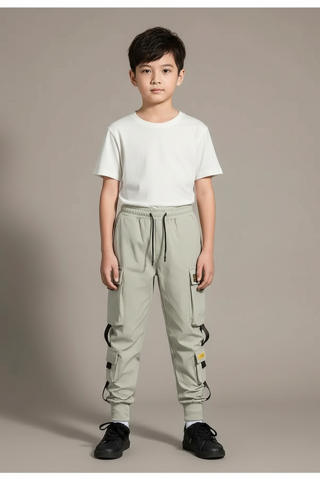 Pantalon Cargo Gris-vert Ample Multipoches Enfant - Kaki Polyester