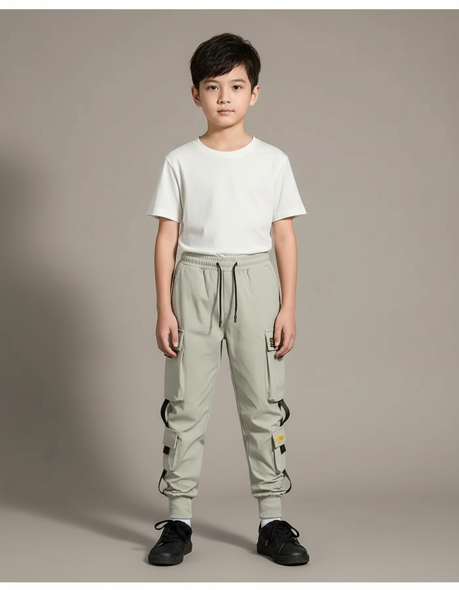 Pantalon Cargo Gris-vert Ample Multipoches Enfant - Kaki Polyester