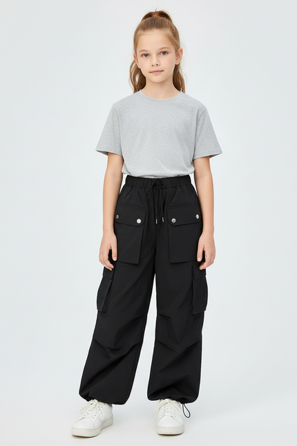 Pantalon Cargo Noir Ample Multipoches Ajustable Fille - Polyester