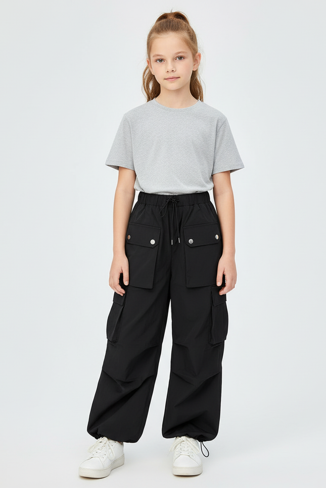 Pantalon Cargo Noir Ample Multipoches Ajustable Fille - Polyester