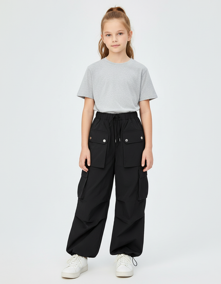 Pantalon Cargo Noir Ample Multipoches Ajustable Fille - Polyester