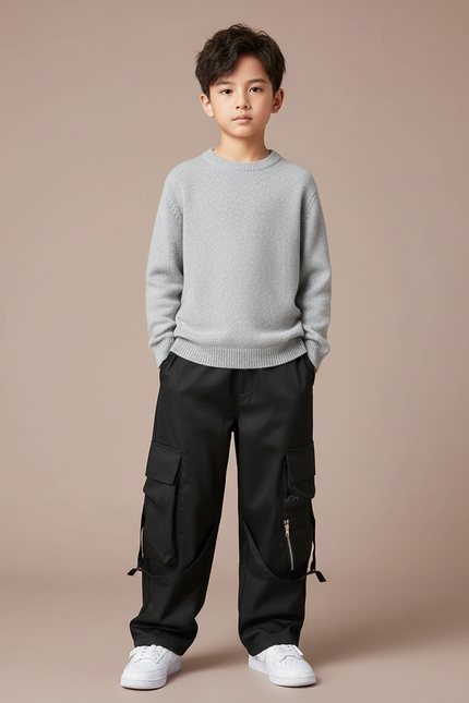 Pantalon Cargo Noir Ample Multipoches Garçon Zippé - Toile