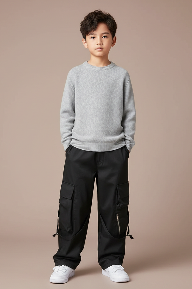 Pantalon Cargo Noir Ample Multipoches Garçon Zippé - Toile