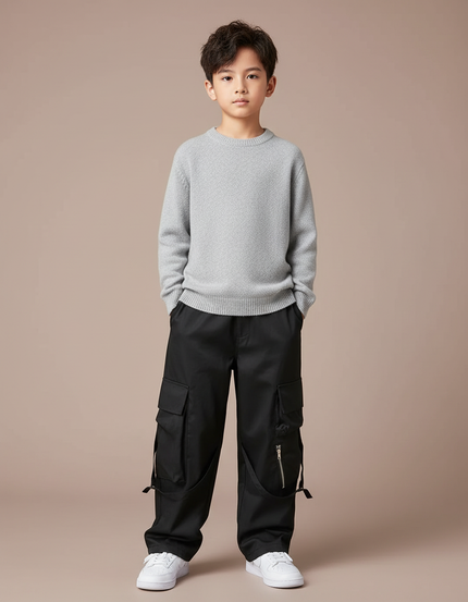 Pantalon Cargo Noir Ample Multipoches Garçon Zippé - Toile