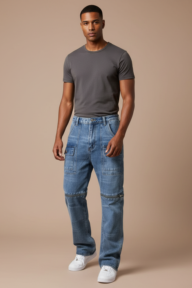 Pantalon Cargo Jean Bleu Décontracté Multi-Poches Zippé