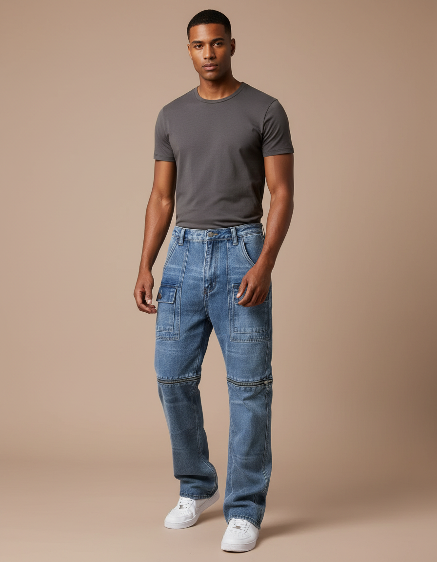 Pantalon Cargo Jean Bleu Décontracté Multi-Poches Zippé