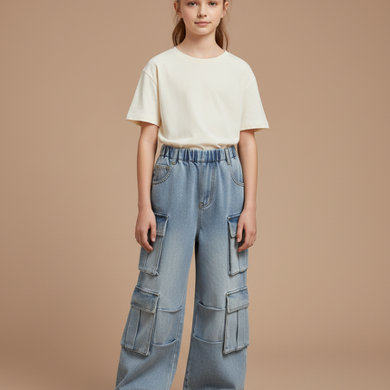 Pantalon Cargo Bleu Ample Multipoches Denim Enfant - Jean